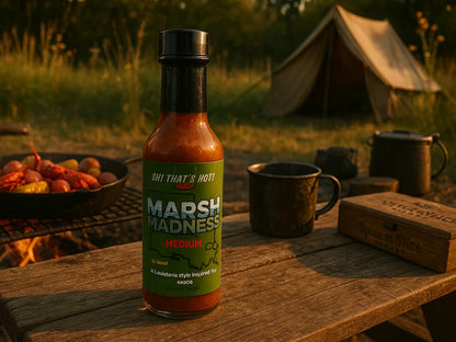 Marsh Madness hot sauce bottle on outdoor picnic table with BBQ grill, camping tent, and campfire