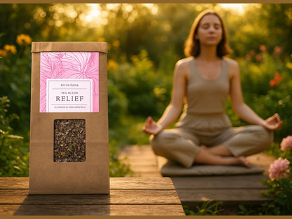 Herbal tea blend package outdoors with woman meditating in a peaceful garden at sunset