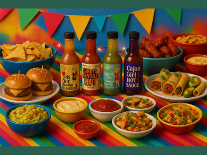 Colorful party food spread with sliders, chips, dips, hot sauces, taquitos, and festive decor