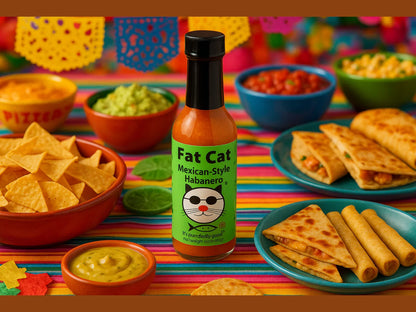 Fat Cat Mexican-Style Habanero hot sauce with nachos, guacamole, salsa, and quesadillas at a colorful party table