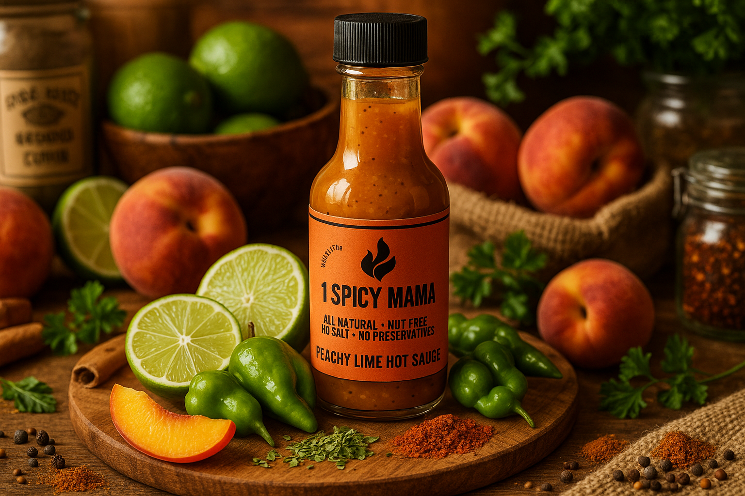 Peachy Lime Hot Sauce in market setting