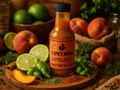 Peachy lime hot sauce bottle on market table with fresh limes, peaches, and green peppers