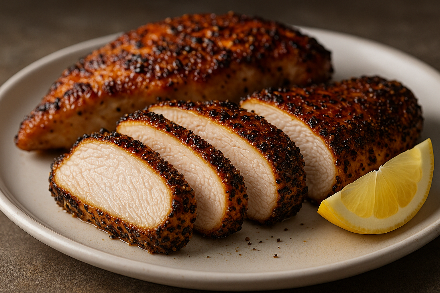 Pepper-crusted chicken cutlets sliced to show crust