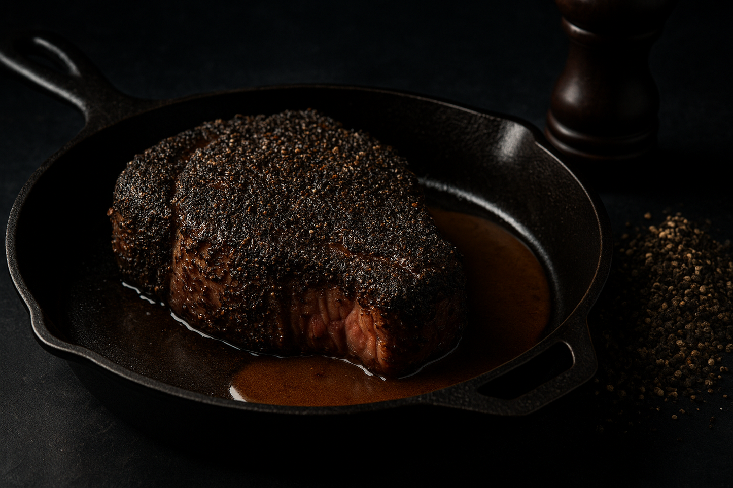 Pepper-crusted steak with heavy black pepper crust and pan sauce