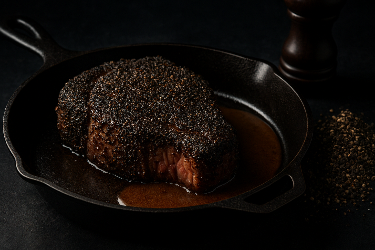 Pepper-crusted steak with heavy black pepper crust and pan sauce