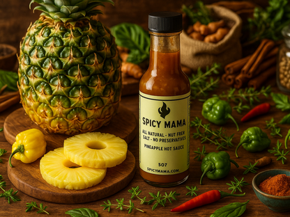 Spicy Mama pineapple hot sauce bottle with fresh pineapple, peppers, and spices in market setting