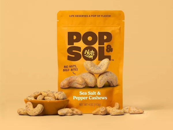 Pop & Sol Premium Sea Salt & Pepper Cashews 4oz - Bold Gourmet Flavor by Nuts.com