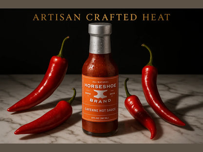 Horseshoe Brand cayenne hot sauce bottle with red chili peppers on marble