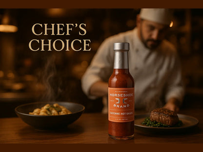 Horseshoe Brand cayenne hot sauce bottle on restaurant table with chef and plated dishes