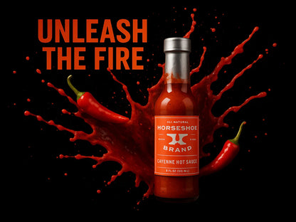 Horseshoe Brand cayenne hot sauce bottle with red chili peppers and sauce splash on black background