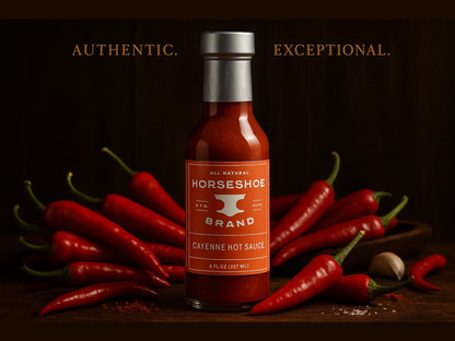 Horseshoe Brand cayenne hot sauce bottle with red chili peppers on a dark wooden surface