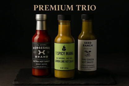 Premium trio bundle of all natural hot sauces including Horseshoe Brand Ghost Pepper, 1 Spicy Mama Lemon Lime, and Seed Ranch Thai Green sauce