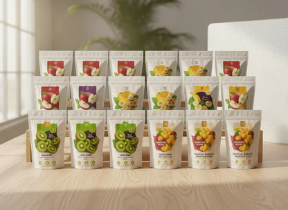 Family Fruit 24-Pack (24 Small Pouches) featuring freeze-dried fruit pouches on a wooden table.