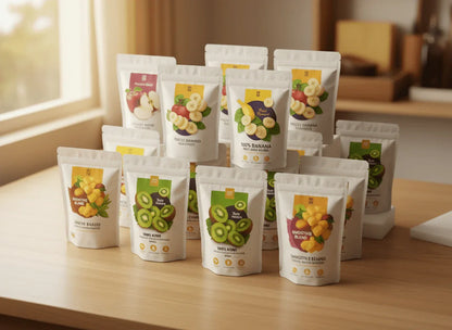 Assorted packets of dried fruits including banana, kiwi, and smoothie blends on a wooden table in sunlight, highlighting Spice n Slice Market gourmet snacks.
