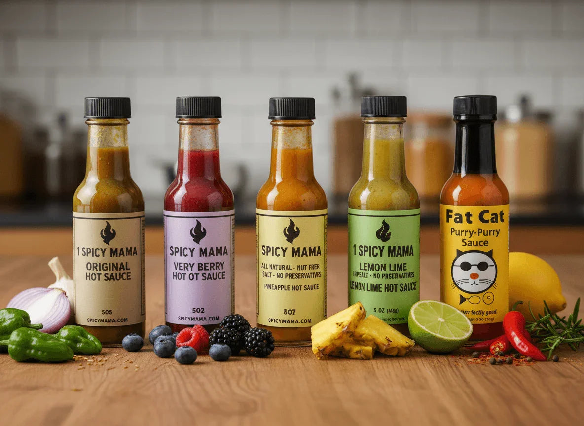 ALT A - Ultimate Heat Collection (5 Bottles) featuring a variety of hot sauces on a wooden table.
