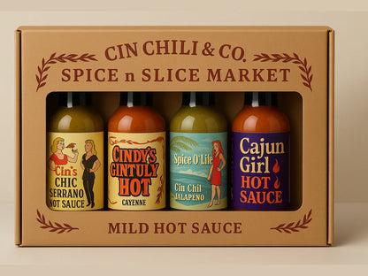 Cin Chili & Co. mild hot sauce gift set with four colorful bottles in a cardboard box