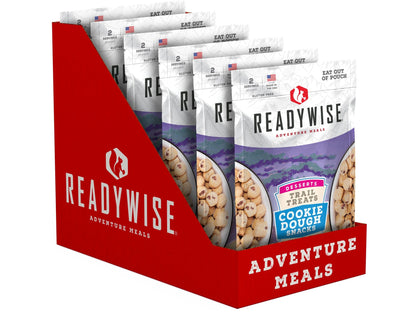 ReadyWise Adventure Meals display box with cookie dough snacks pouches