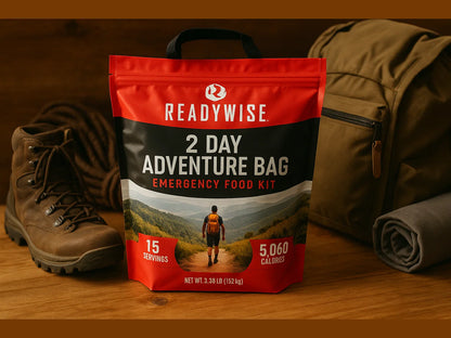 ReadyWise 2 Day Adventure Bag emergency food kit with boots, backpack, and blanket