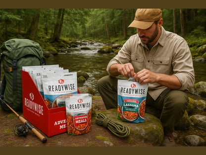 Man opening ReadyWise Adventure Meals by river with backpack, fishing rod, and trail food pack
