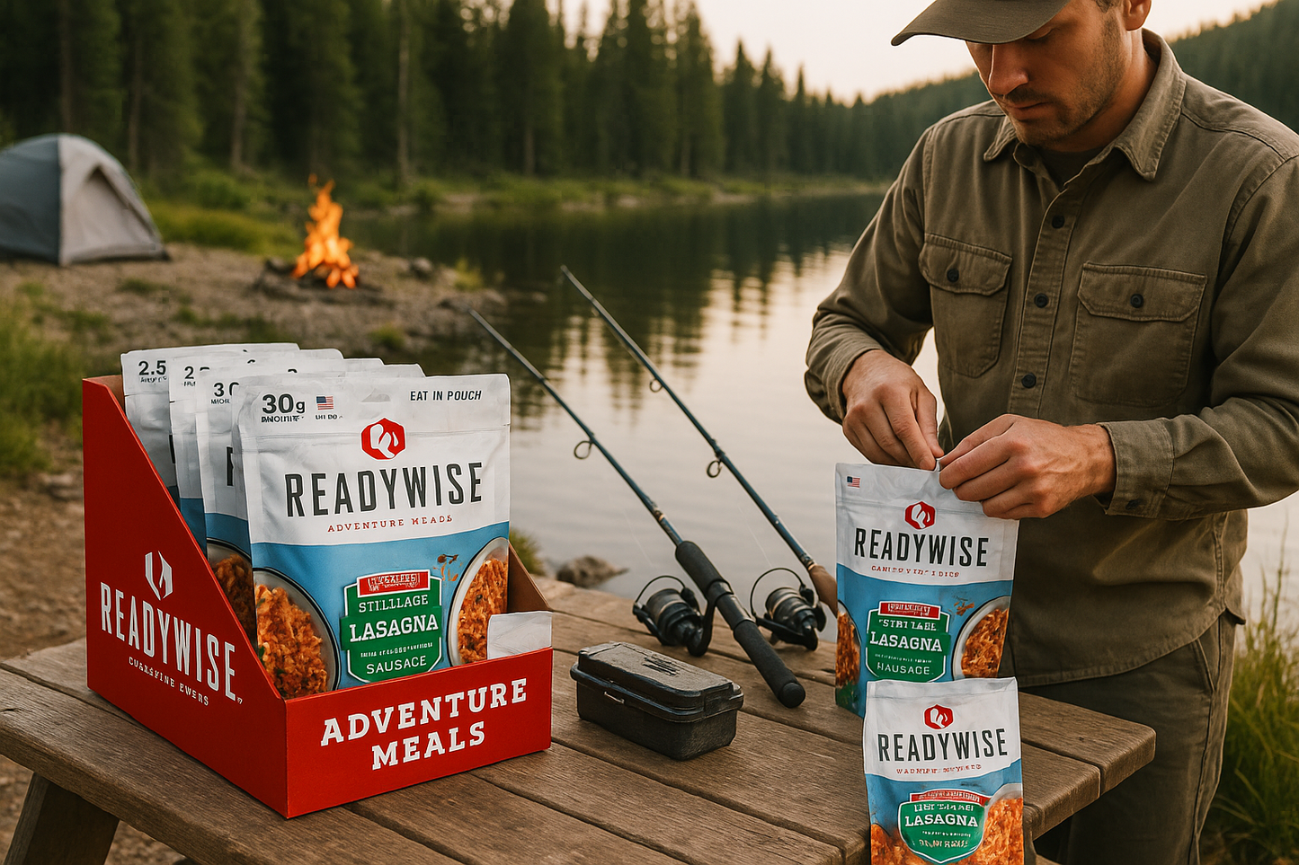 ReadyWise Adventure Meals at forest lake camping site with fishing gear