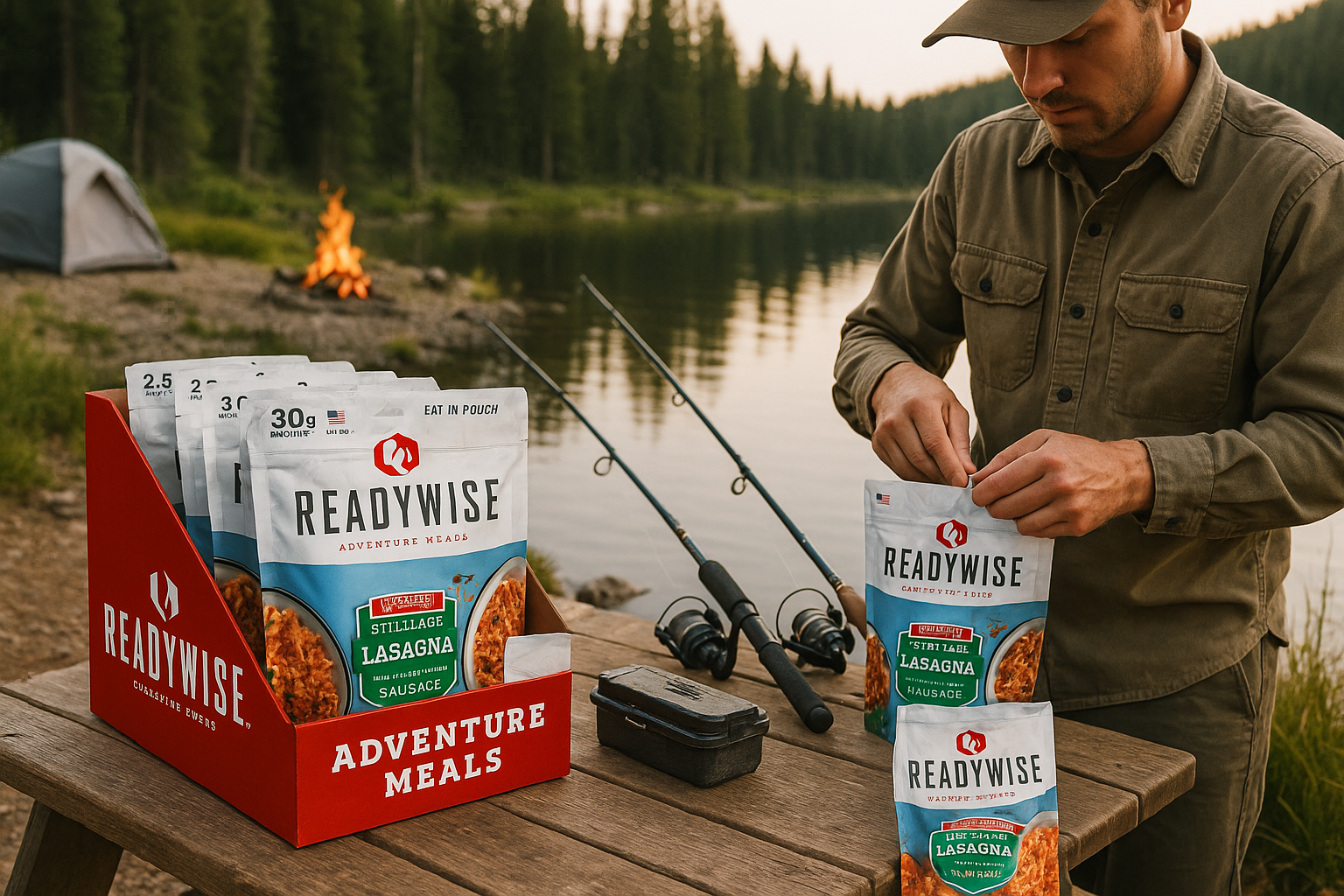 ReadyWise Adventure Meals at forest lake camping site with fishing gear