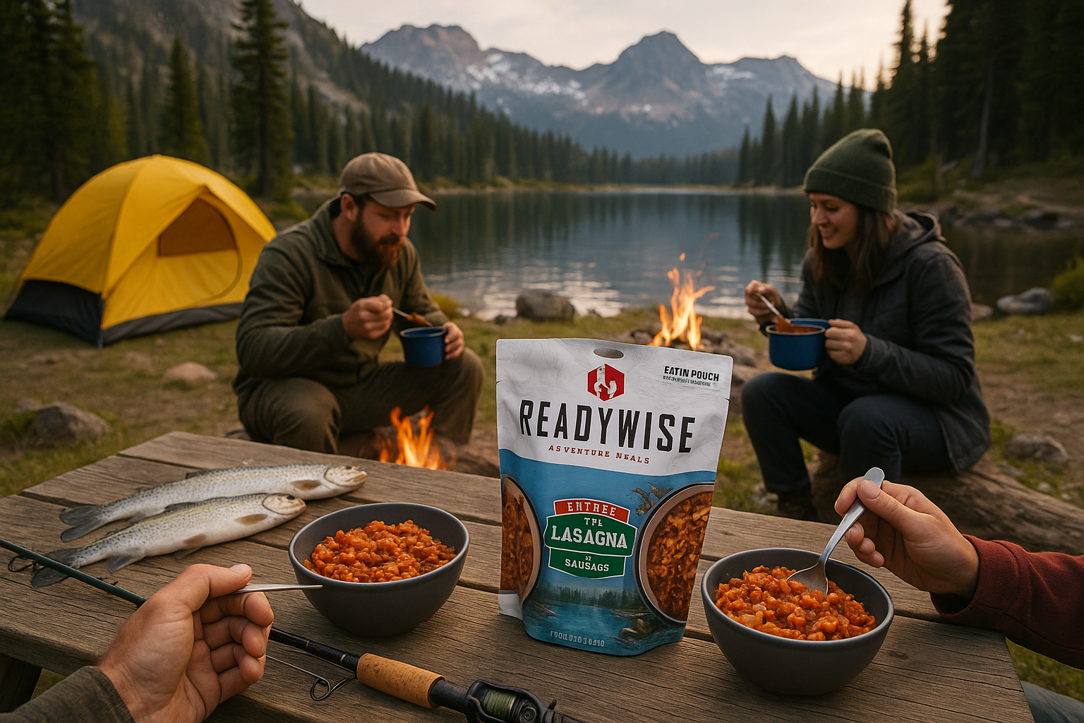 ReadyWise Adventure Meals enjoyed at mountain lake camp after successful fishing