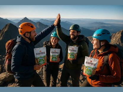 Group of hikers with helmets holding ReadyWise adventure meals on a mountain summit