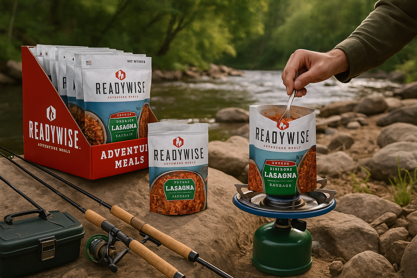 ReadyWise products being prepared on camp stove by riverside with fishing equipment
