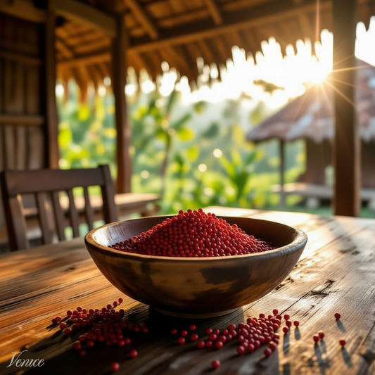 Red peppercorns in a wooden bowl on rustic table with countryside view at sunset