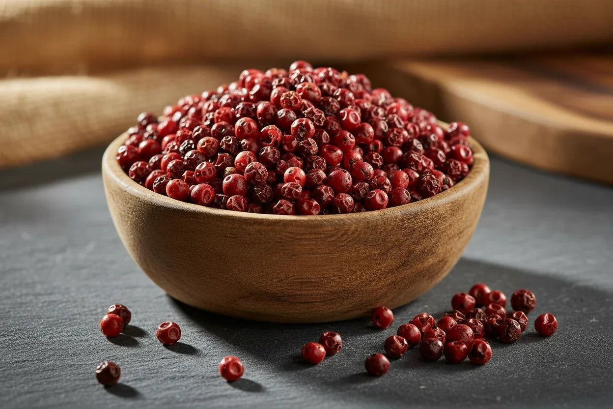 Wooden bowl filled with red peppercorns on a dark surface with some scattered around