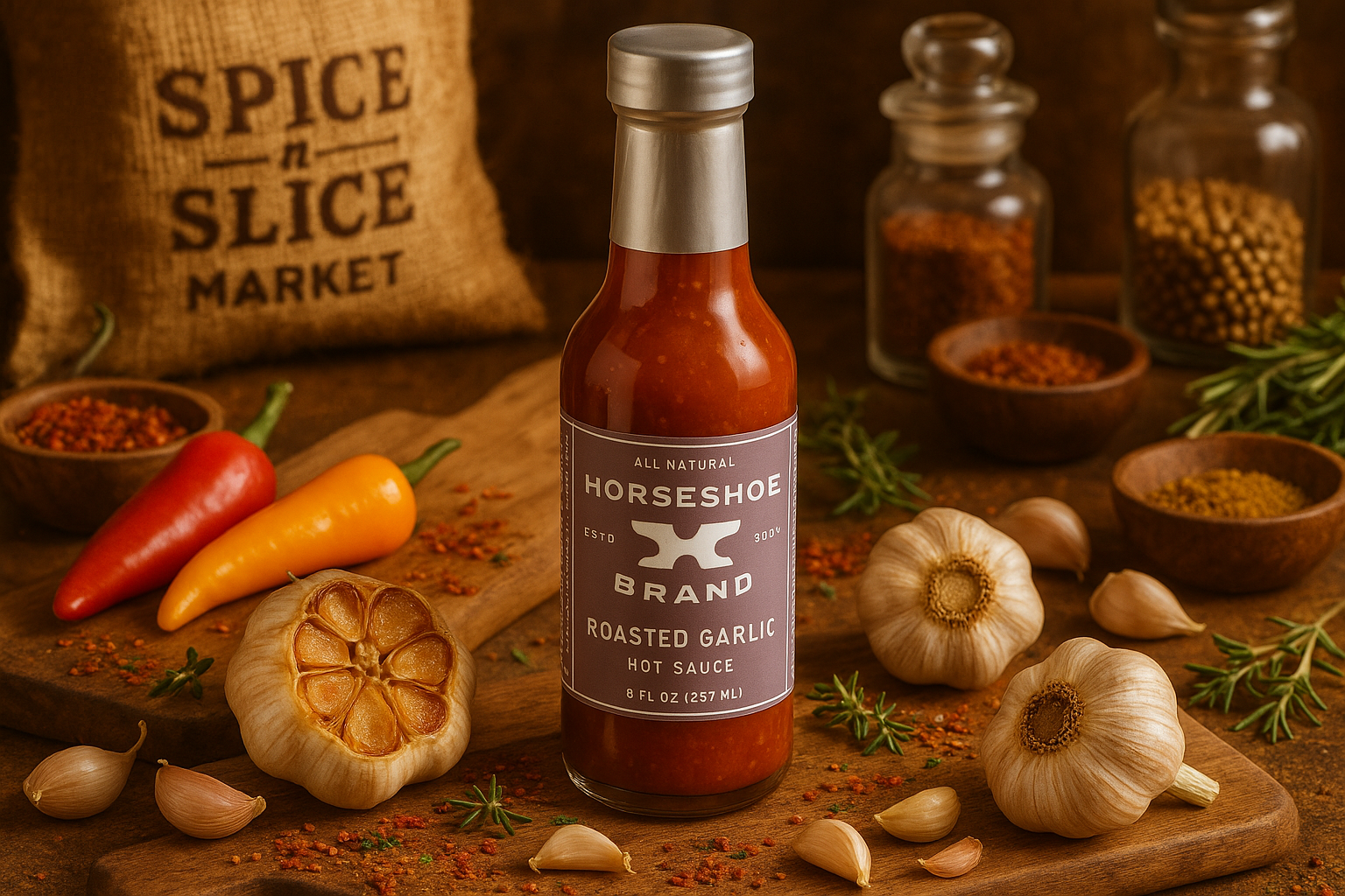 Roasted Garlic Hot Sauce in market setting