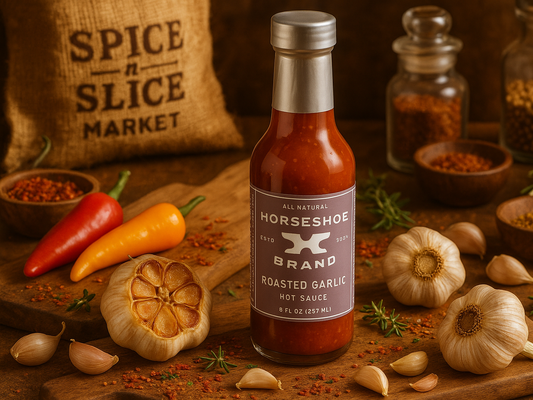 Roasted garlic hot sauce bottle with garlic, peppers, and spices in a rustic market setting