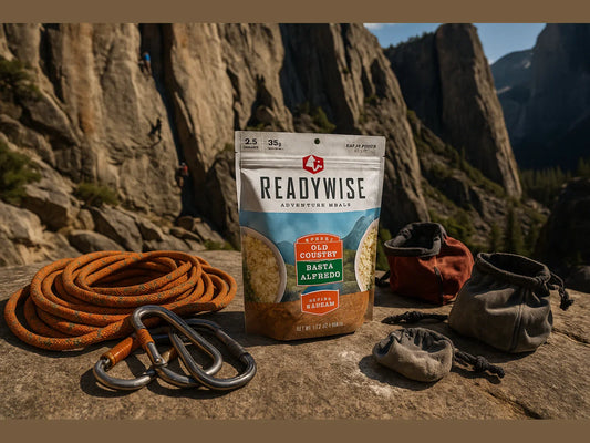 ReadyWise adventure meal with climbing rope and carabiners at a rock climbing base camp outdoors