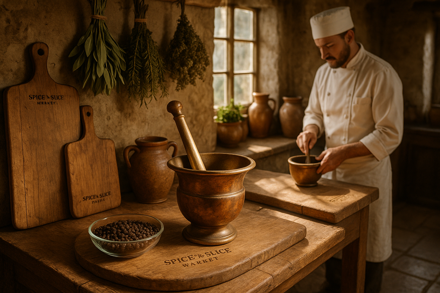Rustic French kitchen with mortar and pestle