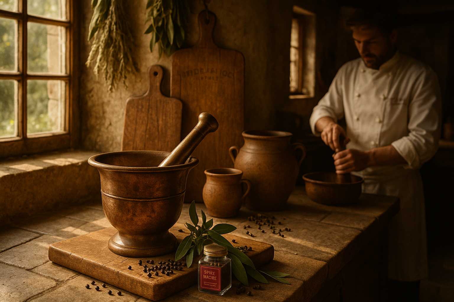 Rustic French kitchen with mortar and pestle