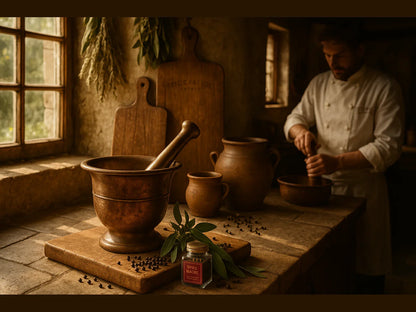 Rustic French kitchen with mortar and pestle, herbs, ceramic pots, and chef at countertop.