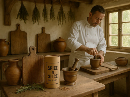 Chef using mortar and pestle in rustic French kitchen with wood decor and herbs