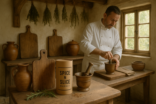 Rustic French kitchen with mortar and pestle