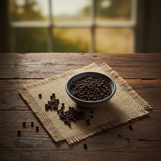 Rustic wooden table with black peppercorns in a bowl on burlap cloth