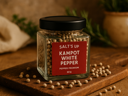 Kampot white pepper jar on wooden board, Salt's Up label, rustic kitchen setting