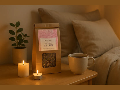 Cozy bedroom with herbal tea bag, steaming mug, candles, and plant on bedside table