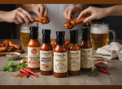 Six bottles of hot sauce on table with chili peppers, herbs, and hands holding chicken wings and beers
