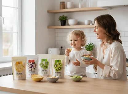 Mother and child enjoying organic dried fruits snacks in a bright kitchen, Spice n Slice Market