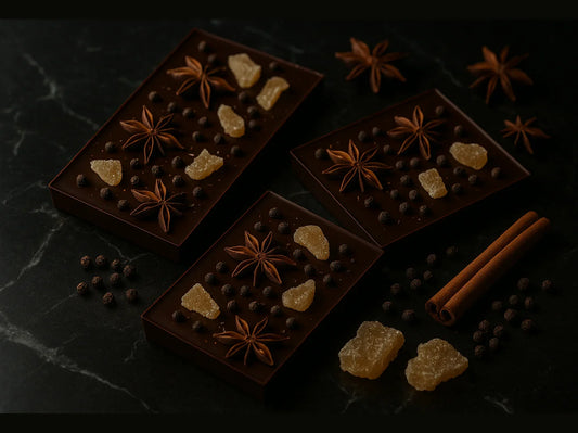 Spiced chocolate bars with star anise, candied ginger, pepper, and cinnamon on black marble.