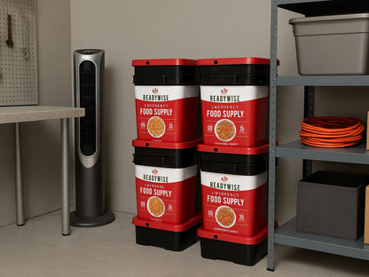 Storage room with ReadyWise emergency food supply bins on floor, organized shelves nearby