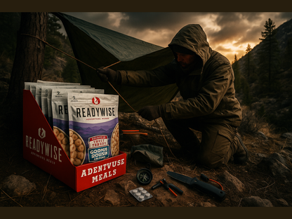 Camper setting up tarp shelter outdoors with ReadyWise adventure meals and survival gear