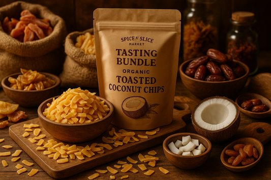 Tasting Bundle Organic Coconut Chips in market setting