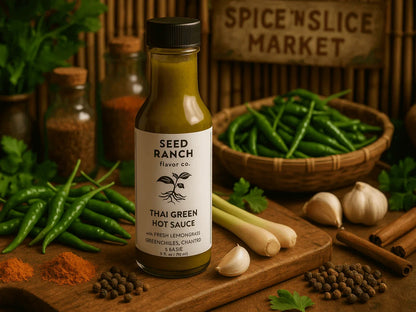 Seed Ranch Thai green hot sauce bottle on market table with fresh chilies, lemongrass, garlic, and spices