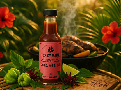 Spicy Mama sorrel hot sauce bottle in a tropical garden with BBQ grill and hibiscus flowers