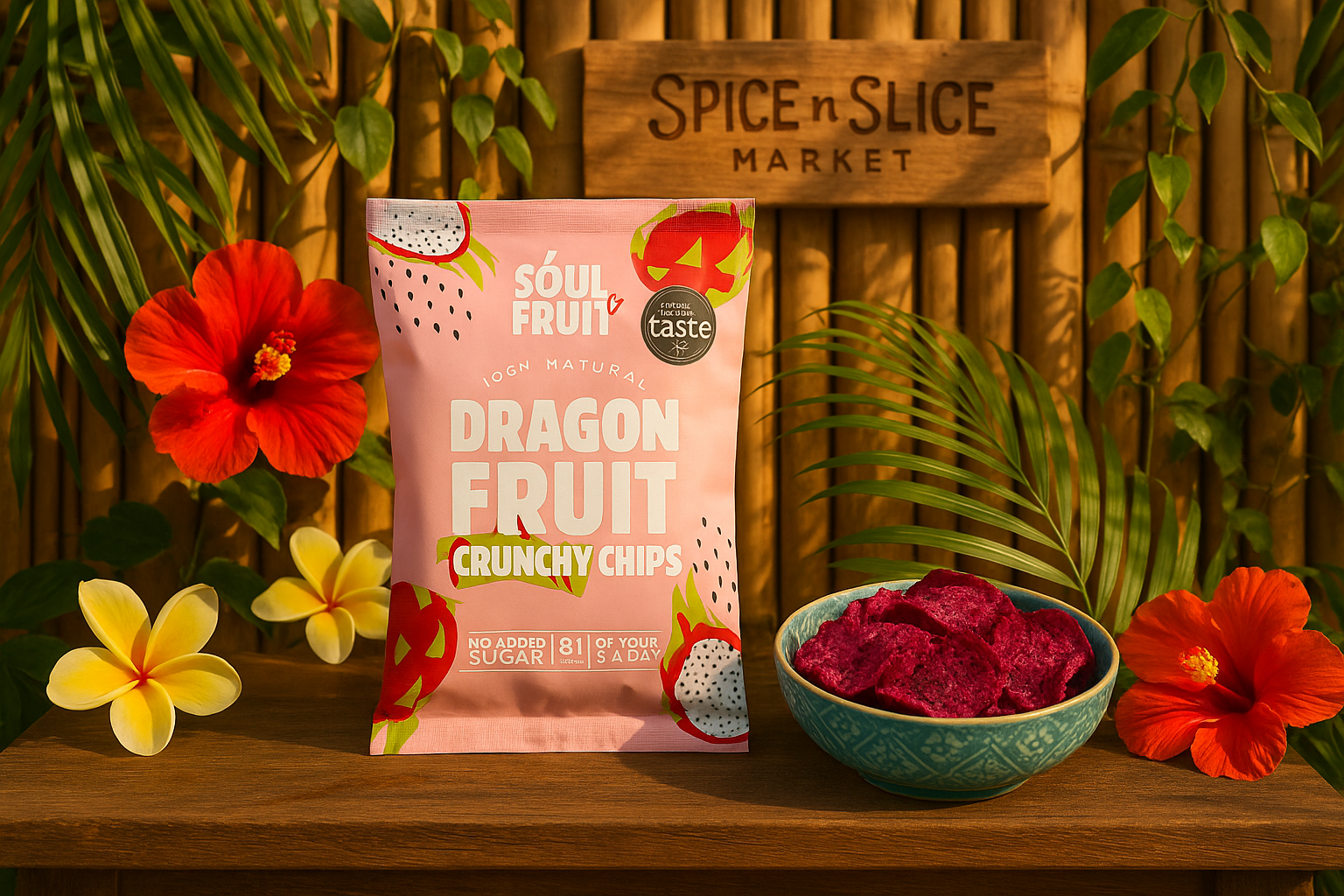 Tropical Scene with Original Dragon Fruit Product and Bowl